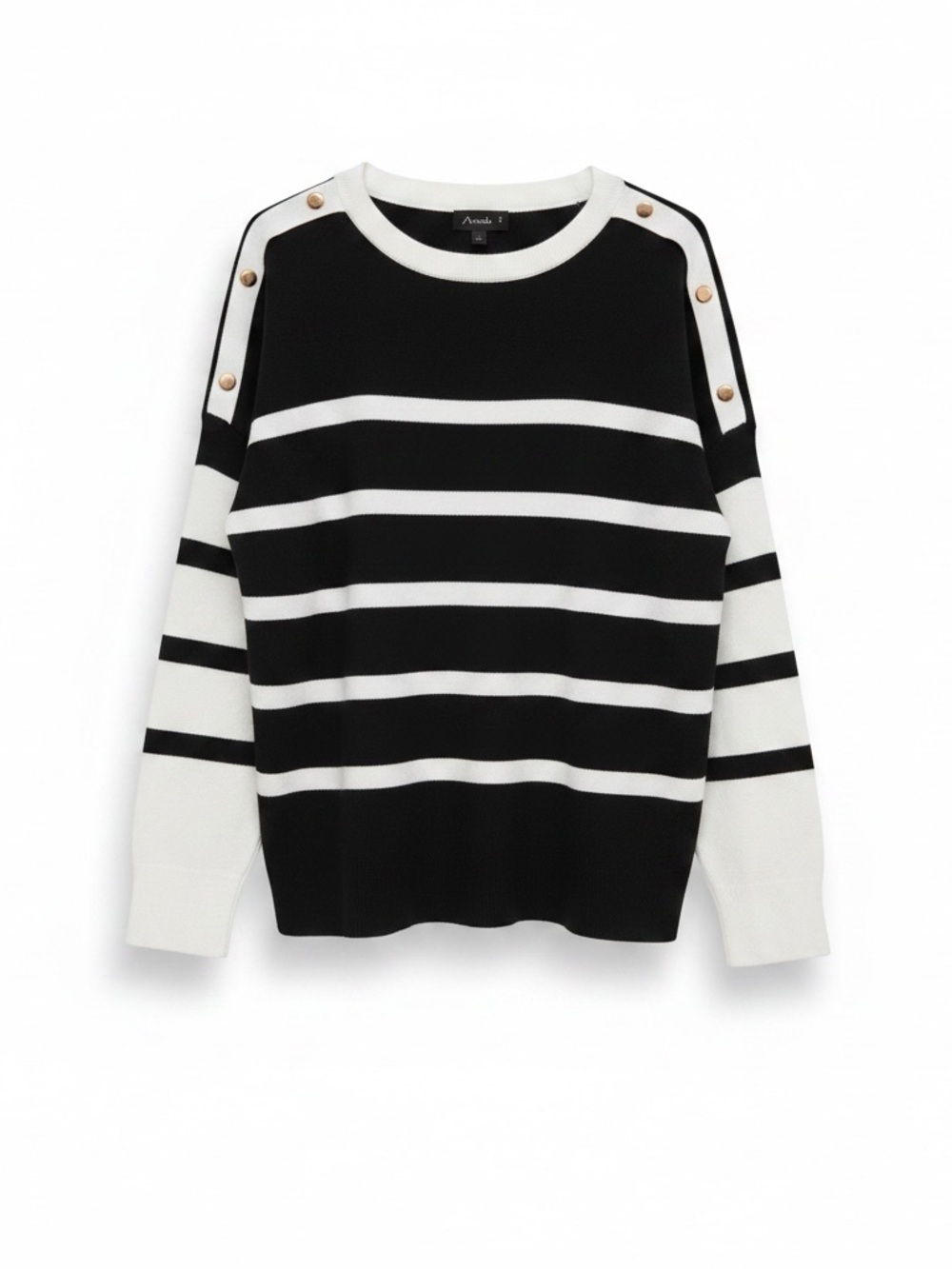 Black and White Striped Crewneck Sweater with Shoulder Buttons - Women
